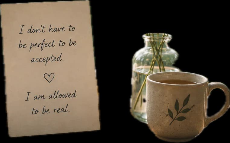 A handwritten note about being accepted and real beside a warm mug