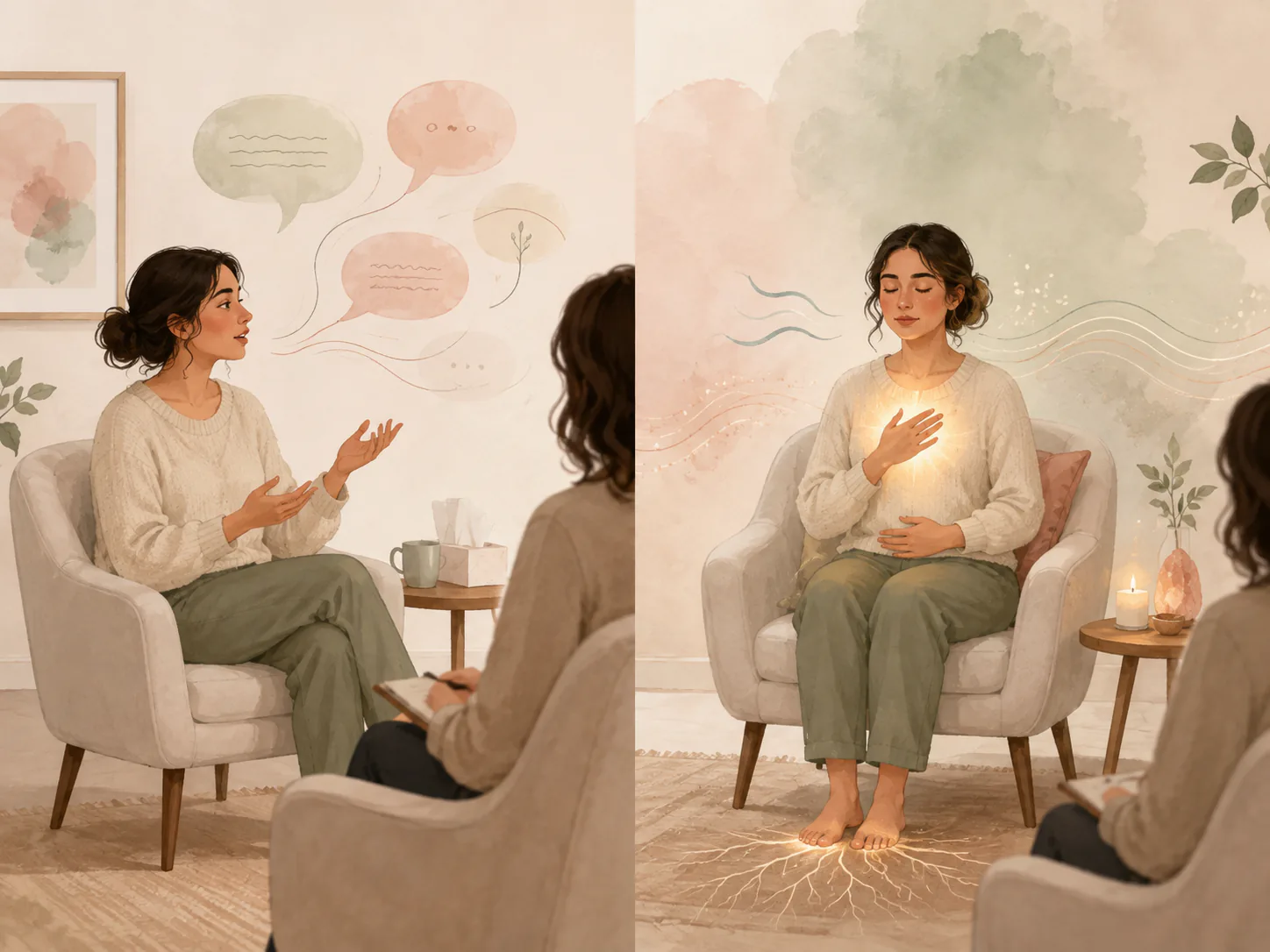 A therapist listening to a client in a calm therapy room